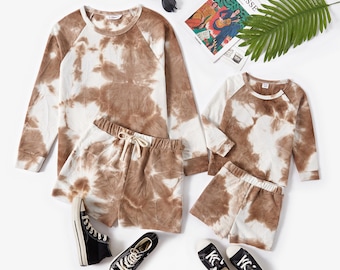 Mommy and Me Gender-Neutral Tie-Dye Two-Piece Long-sleeved Loungewear Set, Mother daughter son Short Set, Matching Set, Twinning,
