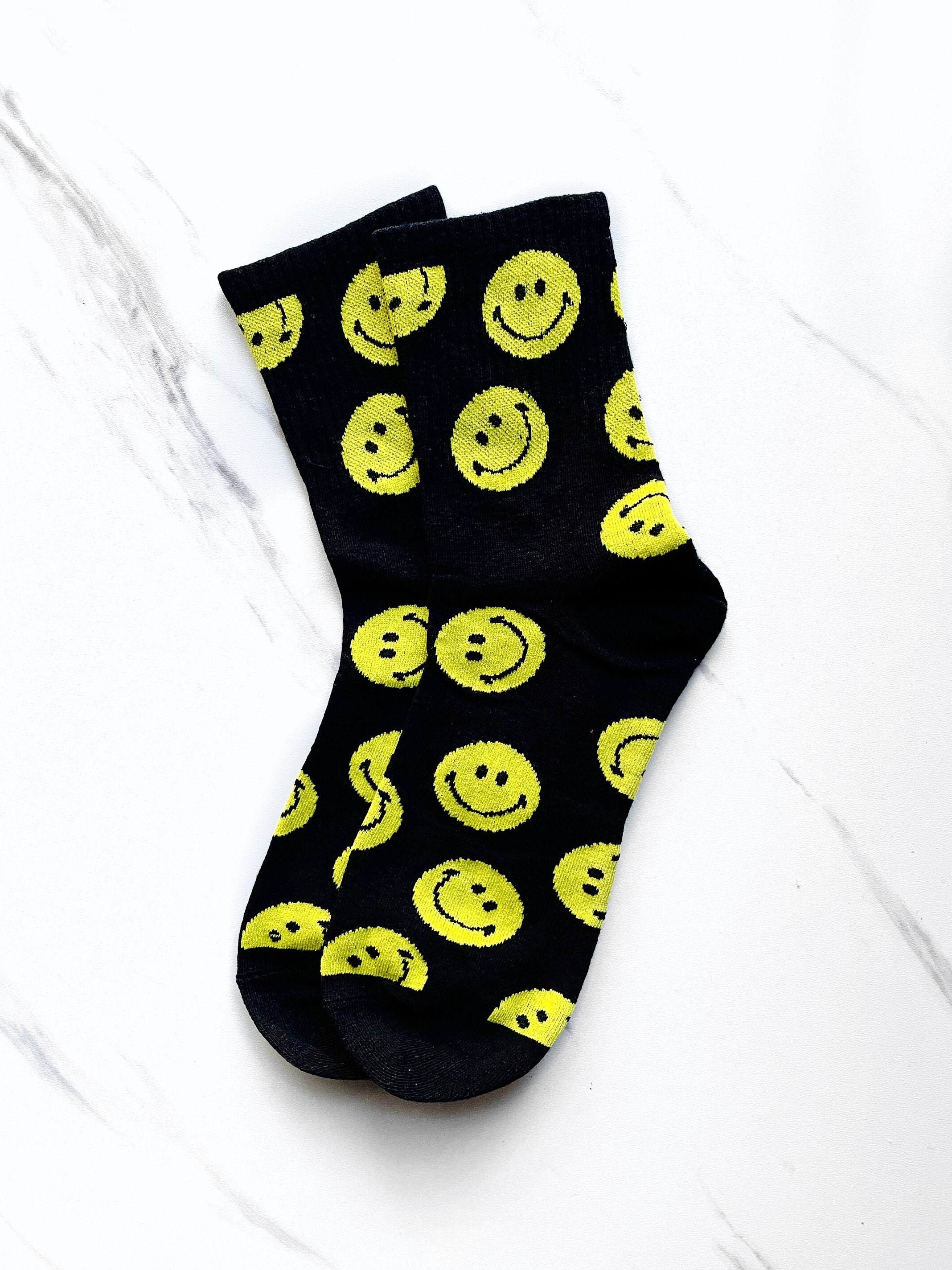 Smiley Face Socks Happy Face Crew Socks Womens Happy Face Etsy