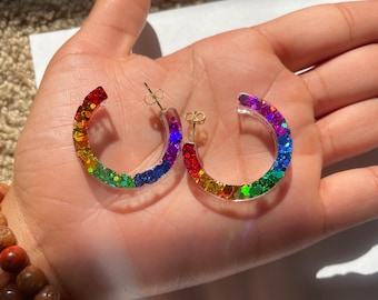 Rainbow Confetti Resin Hoop Earrings: Pride Jewelry