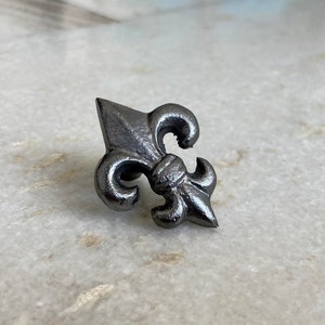 Könnte beinhalten: Ein silberner Fleur-de-lis-Knopf aus Metall für Schränke.