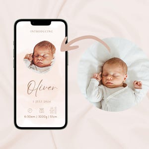 Anuncio de nacimiento digital con ilustración personalizada para enviar por WhatsApp, eCard nacimiento, anuncio de nacimiento digital personalizado para ti