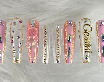 Pink + Gold + Zodiac Press On Nails (Specify Sign In Personalization)
