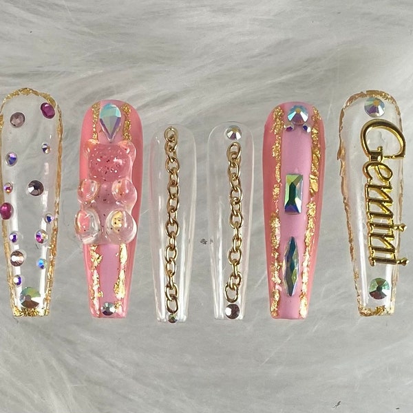 Pink + Gold + Zodiac Press On Nails (Specify Sign In Personalization)