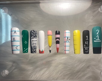 Back To School XL Square Nails with Blackboard, Ruler, Composition Book, Notebook Paper and Apple