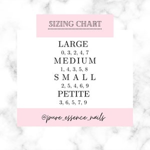 May include: A pink and white sizing chart for nail tips. The chart lists the sizes for large, medium, small, and petite nail tips. The sizes are listed as numbers 0 through 9. The chart also includes the text "@pure_essence_nails".