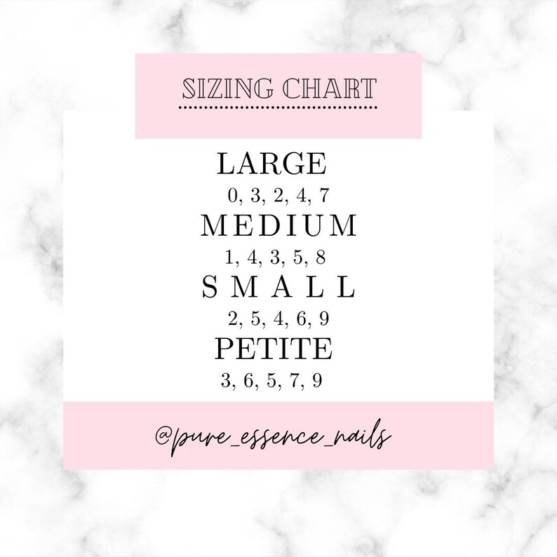 May include: A pink and white sizing chart for nail tips. The chart lists the sizes for large, medium, small, and petite nail tips. The sizes are listed as numbers 0 through 9. The chart also includes the text "@pure_essence_nails".
