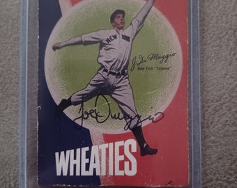 SIGNED Joe DiMaggio Wheaties baseball card as shown.