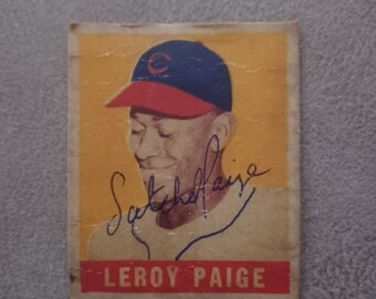 SIGNED Leroy Satchell Paige Rookie Baseball card. SIGNED.  #8. Dated 1949. Exact card. Leaf Gum co. VG condition