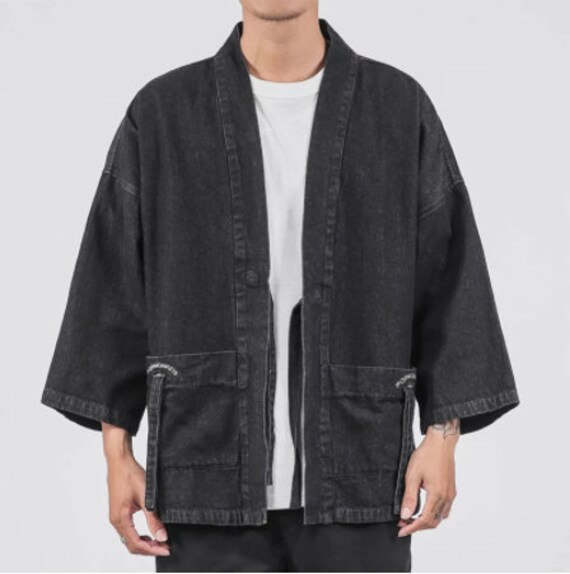 Men Denim Kimono Jacket Japan Style Harajuku Drop Shoulder Etsy