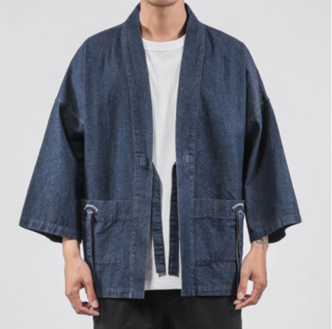 Men Denim Kimono Jacket Japan Style Harajuku Drop Shoulder Etsy