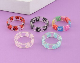 5 Resin ring Set | Y2K Resin Rings | Chunky Ring | Ring set | Flower Ring | Alphabet Rings | Chunky Flower Resin Rings | Yinyang Rings |