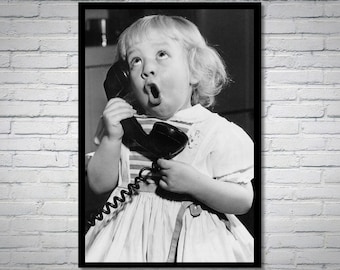 Vintage photographs - retro photo print - artistic wall decor - vintage life photos - boho wall gallery - funny baby talking on the phone