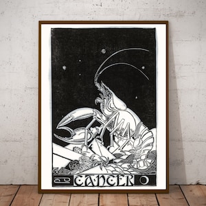 May include: Black and white illustration of the Cancer zodiac sign, depicting a stylized crab with a star-filled background. The text "♋ CANCER" is printed below the crab.