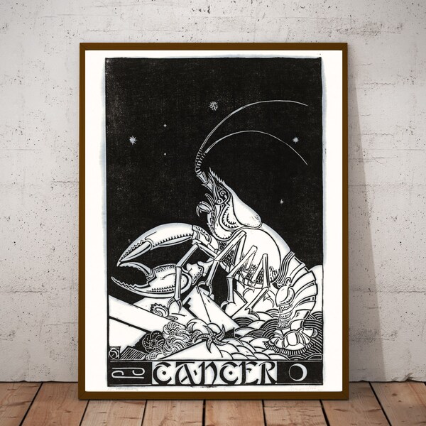 Cancer, Antique zodiac illustration by Henri van der Stok, Vintage sign art, black and white wall art, birthday gift ideas