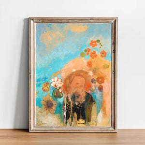 May include: A framed painting of a person with a halo of flowers. The person is surrounded by a blue and pink background with a few clouds. The flowers are red, orange, and white.