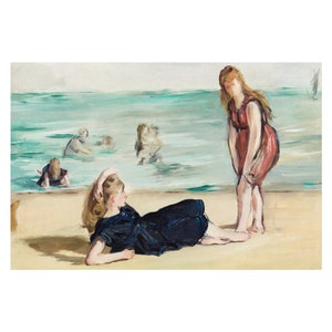 May include: A painting of two women on a beach. One woman is lying down on the sand wearing a dark blue bathing suit. The other woman is standing in the water wearing a red bathing suit. The painting is done in a loose, impressionistic style.