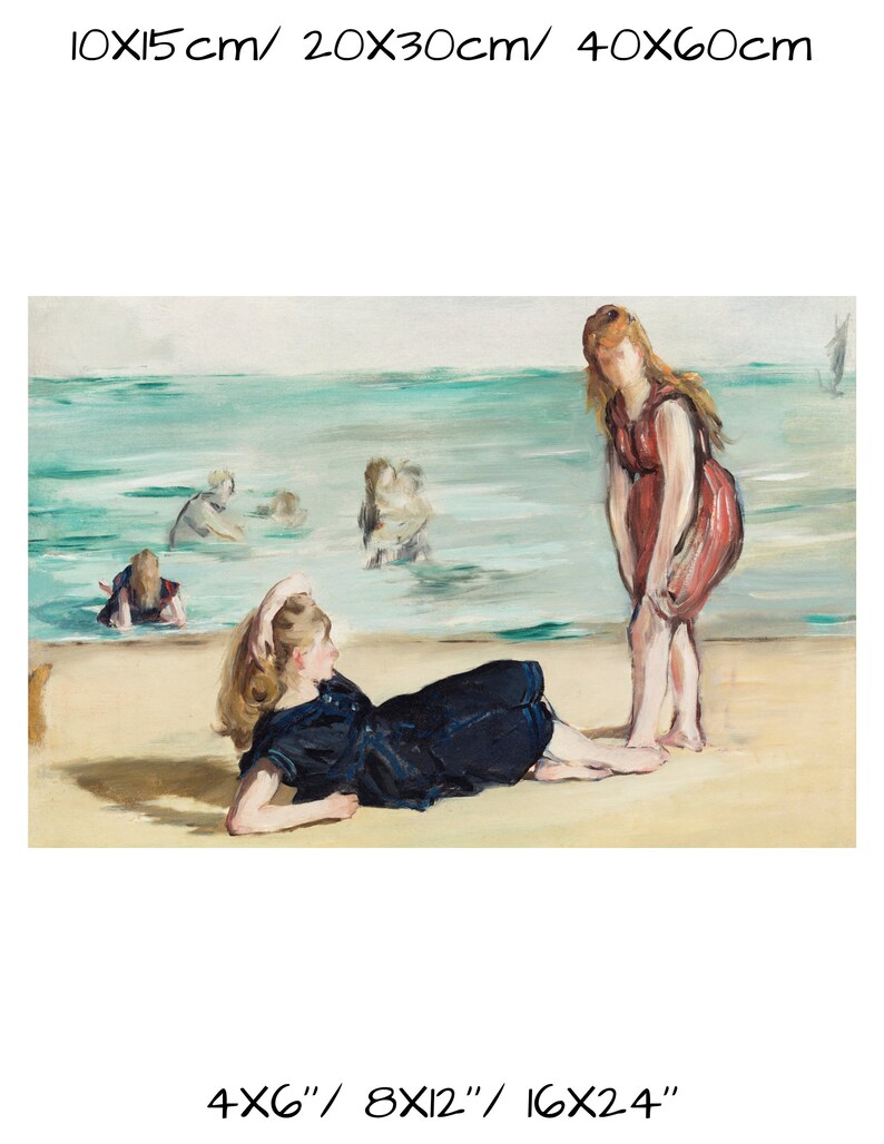 May include: A painting of two women on a beach. One woman is lying down on the sand wearing a dark blue bathing suit. The other woman is standing in the water wearing a red bathing suit. The painting is done in a loose, impressionistic style.
