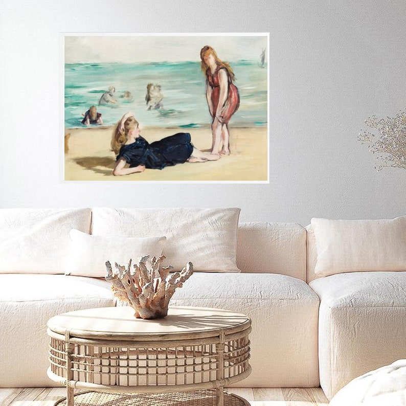May include: A painting of two women on a beach. One woman is lying on the sand in a blue swimsuit, while the other woman is standing in a red swimsuit. The ocean is in the background.