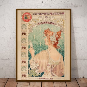 Alphonse Mucha, stampa poster Art Nouveau, Manufacture Royale De Corsets (1897), pubblicità vintage, decorazioni per la casa boho