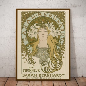 Alphonse Mucha, stampa poster Art Nouveau, En l'honneur de Sarah Bernhardt(1896), pubblicità vintage, decorazioni per la casa boho