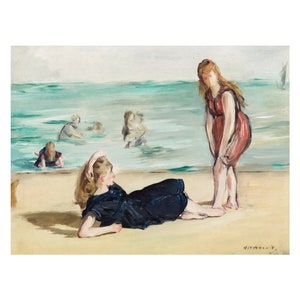 May include: A painting of two women on a beach. One woman is lying down on the sand wearing a dark blue swimsuit. The other woman is standing up and wearing a red dress. The painting is done in a loose, impressionistic style.