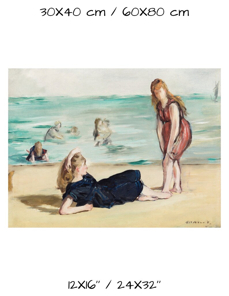 May include: A painting of two women on a beach. One woman is lying down on the sand wearing a dark blue swimsuit. The other woman is standing up and wearing a red dress. The painting is done in a loose, impressionistic style.