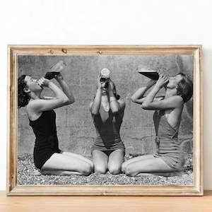 Vintage beach life photograph - summer photo prints - retro boho posters - Bathing beauties playing drinking game, 1955 - summer house decor