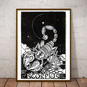May include: Black and white woodcut print of the zodiac sign Scorpio. The image depicts a scorpion with a curled tail and stars in the background. The text "Scorpio" is written below the image.