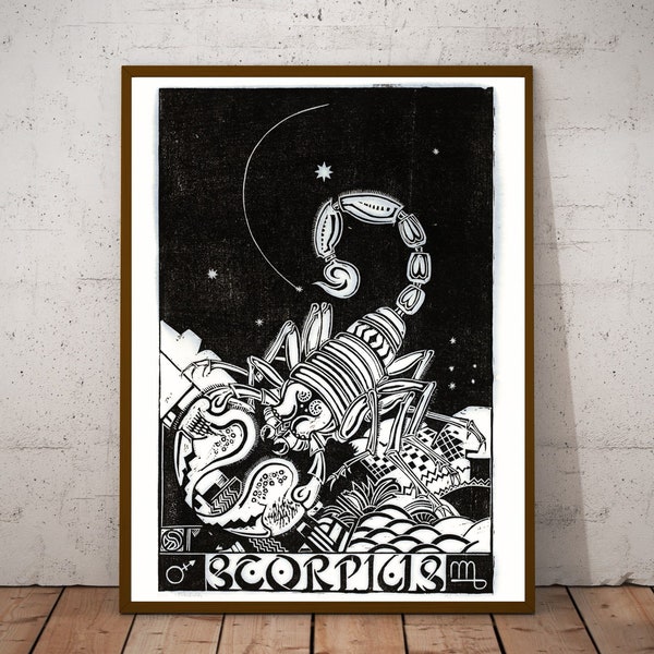 Scorpio, Antique zodiac illustration by Henri van der Stok, Vintage sign art, black and white wall art, birthday gift ideas