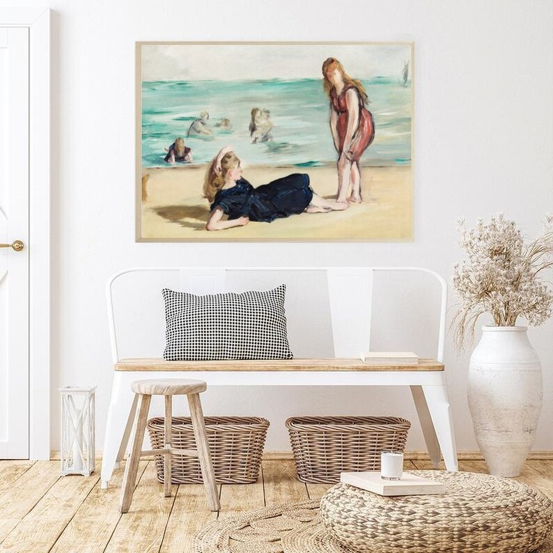 May include: A painting of two women on a beach. One woman is lying down on the sand, while the other is standing and looking at her. The water is in the background, and there are other people swimming in the water.