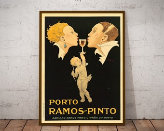 Vintage wine advertisment - ad poster - eclectic prints - art deco wall art  - Porto Ramos-Pinto (ca. 1920), illustration by René Vincent
