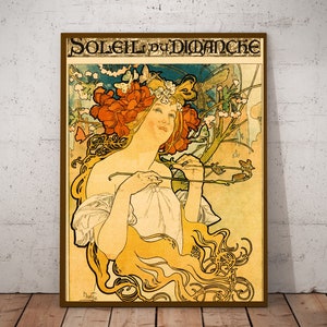 May include: A vintage poster featuring a woman with flowing golden hair and a red flower crown. The poster is titled "Soleil du Dimanche" and is in a Art Nouveau style.