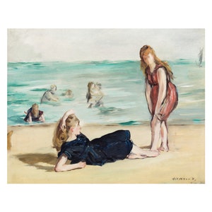 May include: A painting of two women on a beach. One woman is lying down on the sand wearing a dark blue swimsuit. The other woman is standing in the water wearing a red swimsuit. The painting is in a muted color palette with shades of blue, green, and brown.