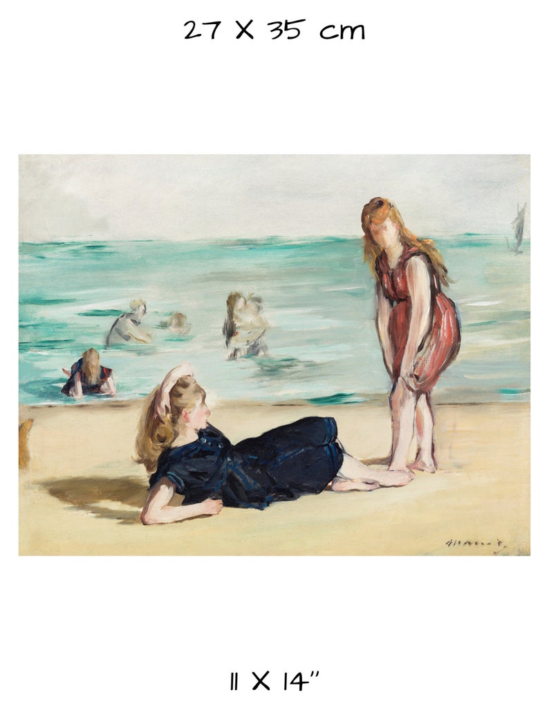 May include: A painting of two women on a beach. One woman is lying down on the sand wearing a dark blue swimsuit. The other woman is standing in the water wearing a red swimsuit. The painting is in a muted color palette with shades of blue, green, and brown.