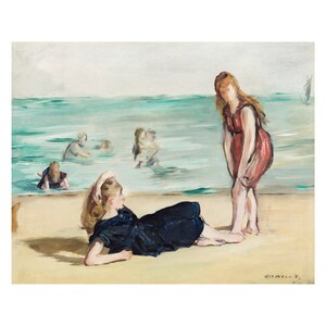 May include: A painting of two women on a beach. One woman is lying down on the sand wearing a dark blue bathing suit. The other woman is standing in the water wearing a red dress. The painting is in a soft, impressionistic style.