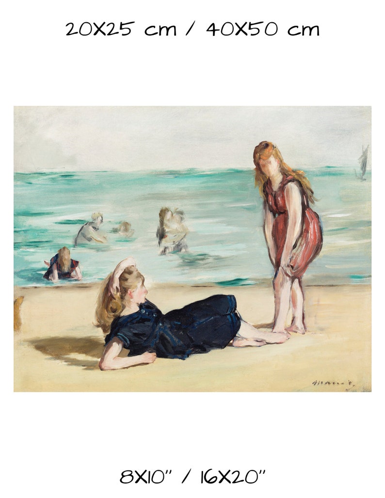 May include: A painting of two women on a beach. One woman is lying down on the sand wearing a dark blue bathing suit. The other woman is standing in the water wearing a red dress. The painting is in a soft, impressionistic style.