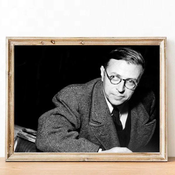 Photographie vintage de Jean-Paul Sartre : décoration murale rétro, impression d'affiche emblématique, cadeau de pendaison de crémaillère inspirant