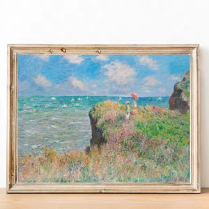 Claude Monet, "Paseo del acantilado en Pourville" (1882) - Impresión de póster francés - Decoración de apartamento parisino - Arte estético - Arte mural en tonos pastel