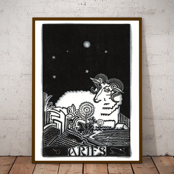 Aries, Antique zodiac illustration by Henri van der Stok, Vintage sign art, black and white wall art, birthday gift ideas