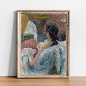 May include: A painting depicting a woman reclining on a bed, wearing a white dress. The woman has dark hair and is looking away from the viewer. The painting is executed in a style reminiscent of Impressionism, with loose brushstrokes and a focus on light and colour.
