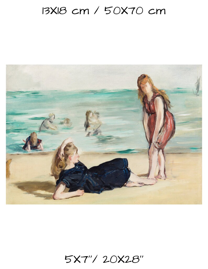 May include: A painting of two women on a beach. One woman is lying down in a blue bathing suit, while the other woman is standing in a red bathing suit. The painting is done in a loose, impressionistic style.