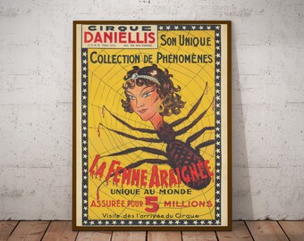 Vintage circus poster, antique advertisment from the 1920&#39;s, Spider Woman, retro home decor, vintage odditied, weird illustrations