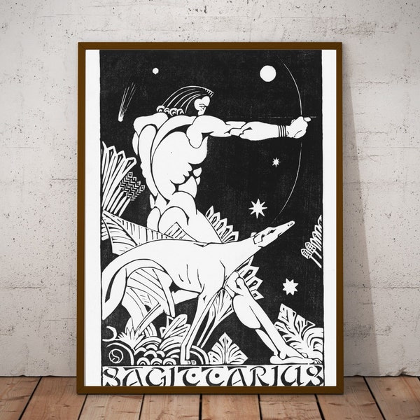 Sagittarius, Antique zodiac illustration by Henri van der Stok, Vintage sign art, black and white wall art, birthday gift ideas