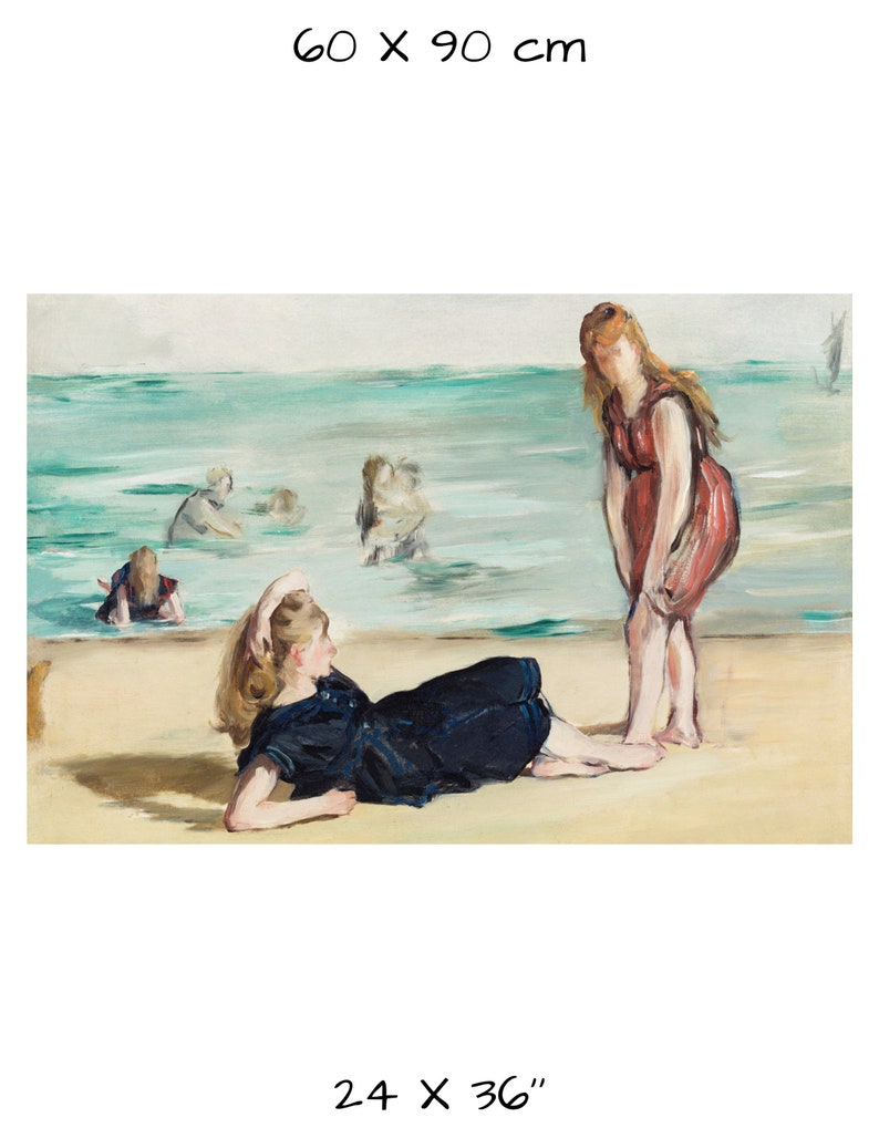 May include: A painting of two women on a beach. One woman is lying down on the sand wearing a dark blue bathing suit. The other woman is standing in the water wearing a red bathing suit. The painting is set against a backdrop of a turquoise ocean and a sandy beach.