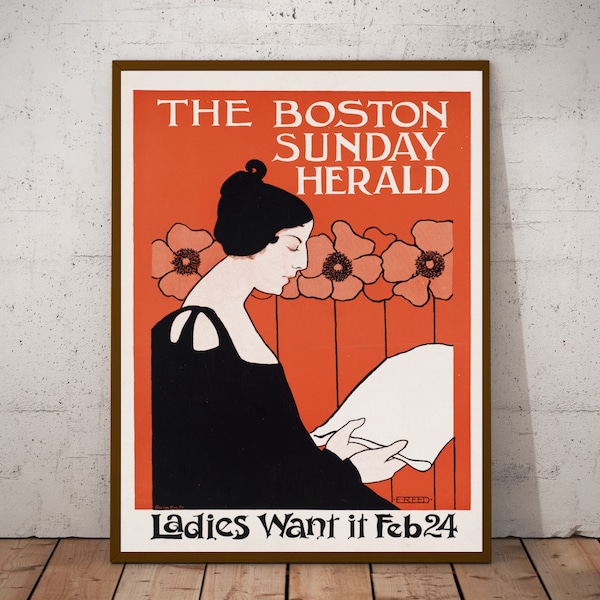 Ethel Reed - Vintage poster - eclectic boho prints - art nouveau wall art  - The Boston Sunday herald, ladies want it Feb 24