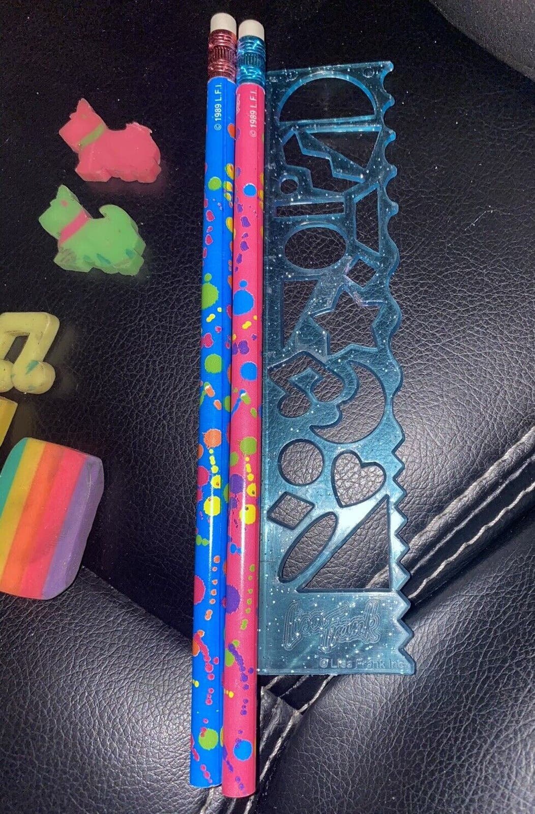 Vintage Lisa Frank Neon Pencils Stencil Music and Dog Erasers Set of 12 