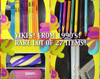 Vintage YIKES! Lot Of Pencils Erasers Colored Pencils Screwballs Rounds 1990s Yikes Collection 1 Owner