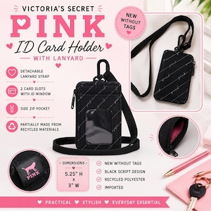 以下が含まれることがあります： ヴィクトリアシークレットPINKの黒いIDカードホルダー、ストラップ付き。透明なIDウィンドウ、サイドジップポケット、黒いスクリプトデザインが特徴です。寸法：高さ13.3cm x 幅7.6cm。リサイクル素材を使用しています。