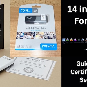 Peut inclure: Ensemble d'accessoires technologiques pour Mac, comprenant une clé USB 3.0 de 128 Go, un lecteur USB 14 en 1 et un guide. L'image montre également un certificat et un écran noir avec des icônes et du texte.