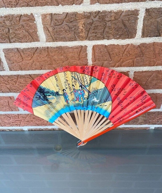 Vintage Japanese Folding Fan Paper And Wood With G